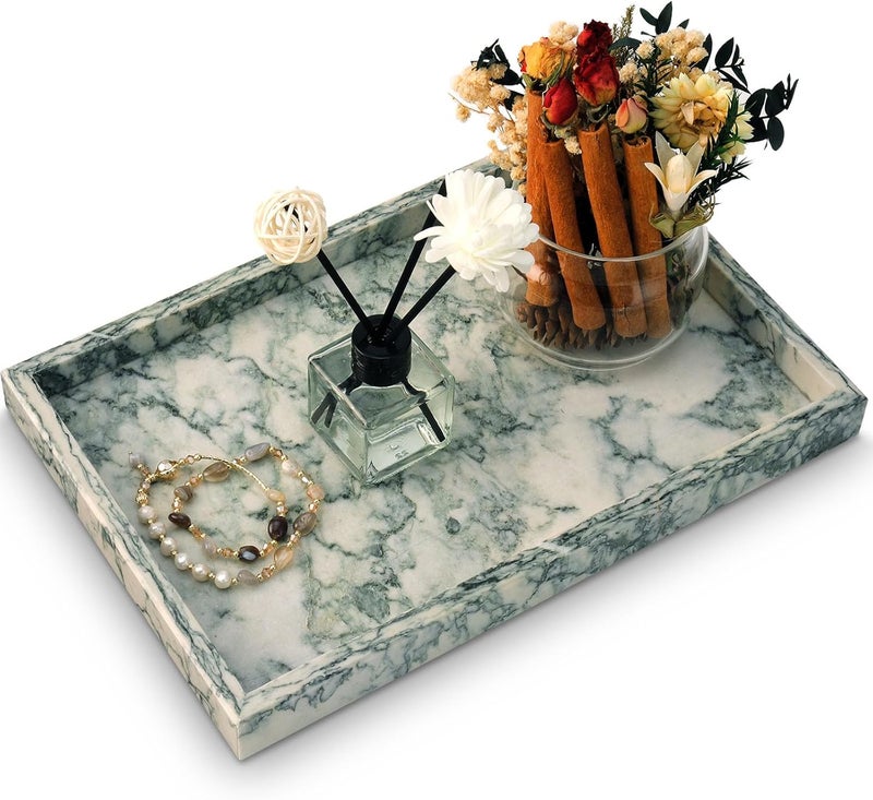 MULWR Marble Bathroom Tray,Pure Natural Vanity Tray,Marble Tray for Kitchen Counter Non-Ceramic/Non-Resin,Stone Trays 12 x 8 inch Cyan Green - Image 1